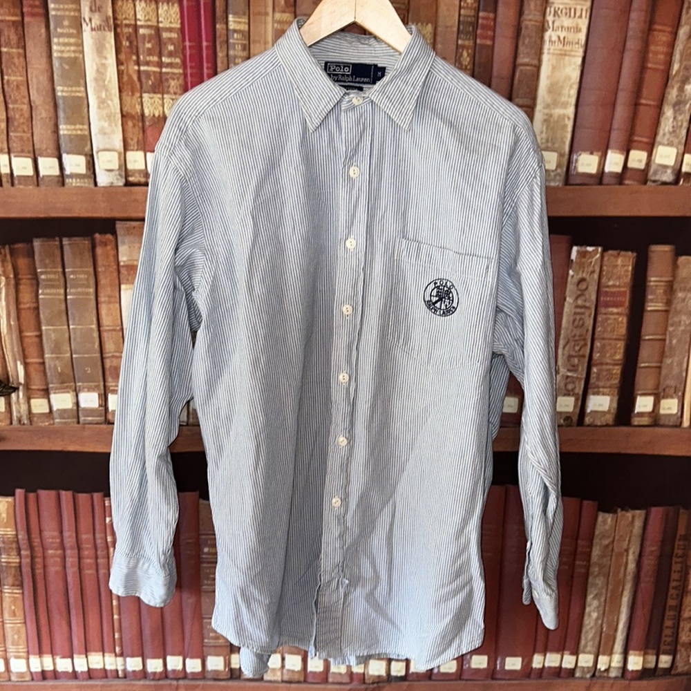 Polo Ralph Lauren Oxford PRL Crest Shirt Men M Blue White Pinstripe Lon…